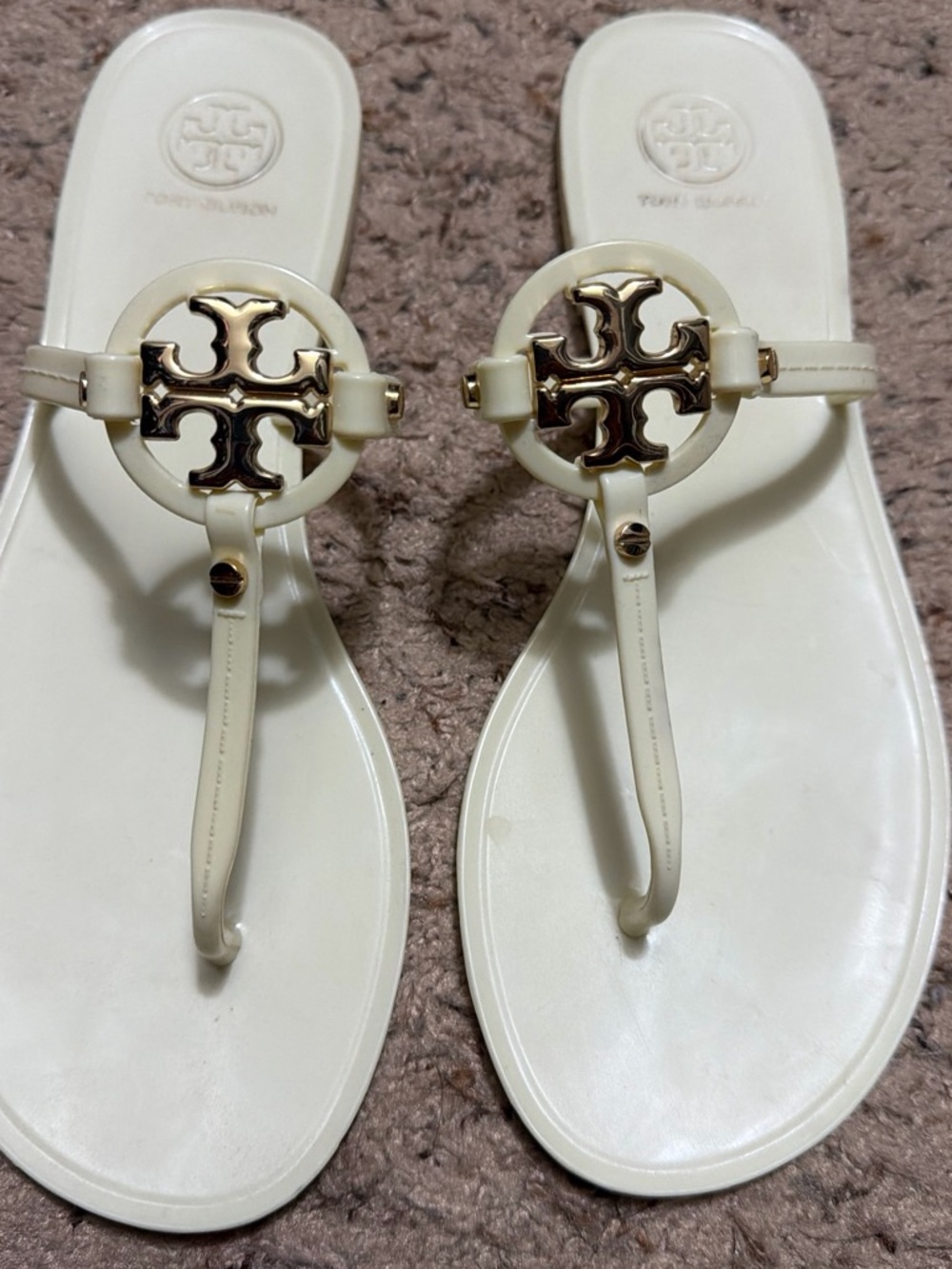 Tory Burch Ivory Jelly Miller Thong Sandals with Gold Logo